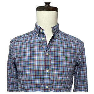 Ralph Lauren Shirt Boys Large 14-16 Blue Green Colorful Plaid Button Down Preppy